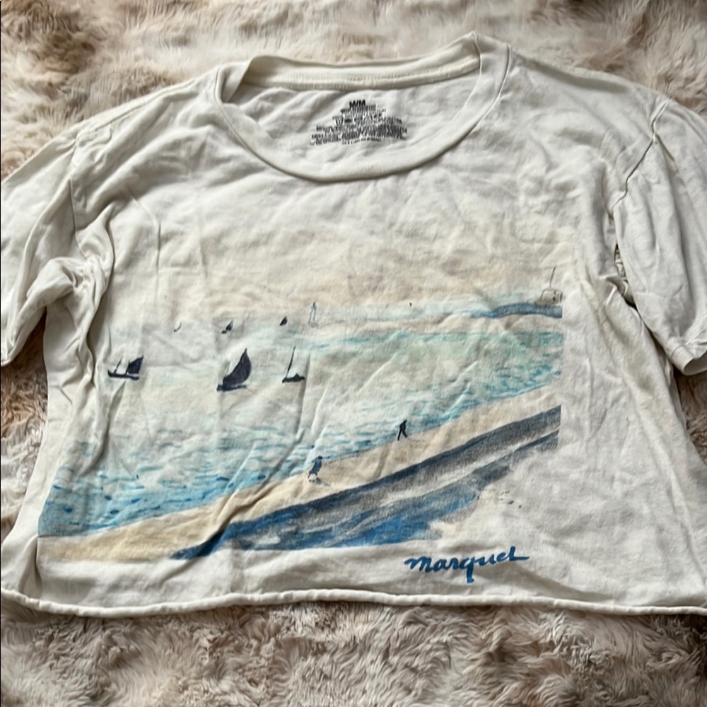 White Graphic Tee with Ocean Print